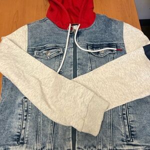 Tommy Hilfiger Kids Denim Jacket with Red Hood and Gray Sleeves size large